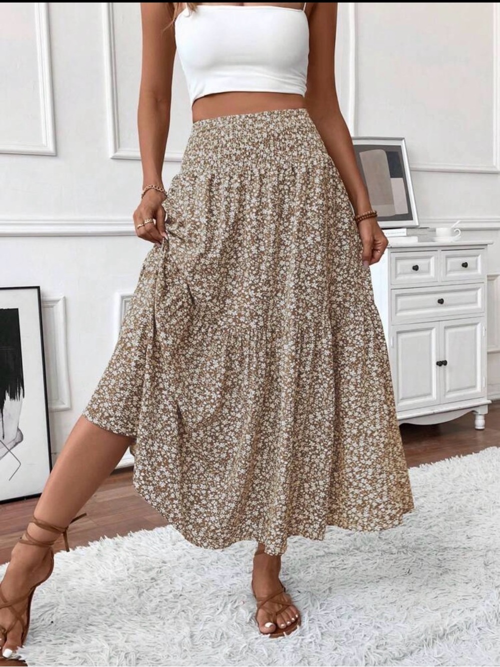 Floral Smocked Waist Maxi Skirt - Beige